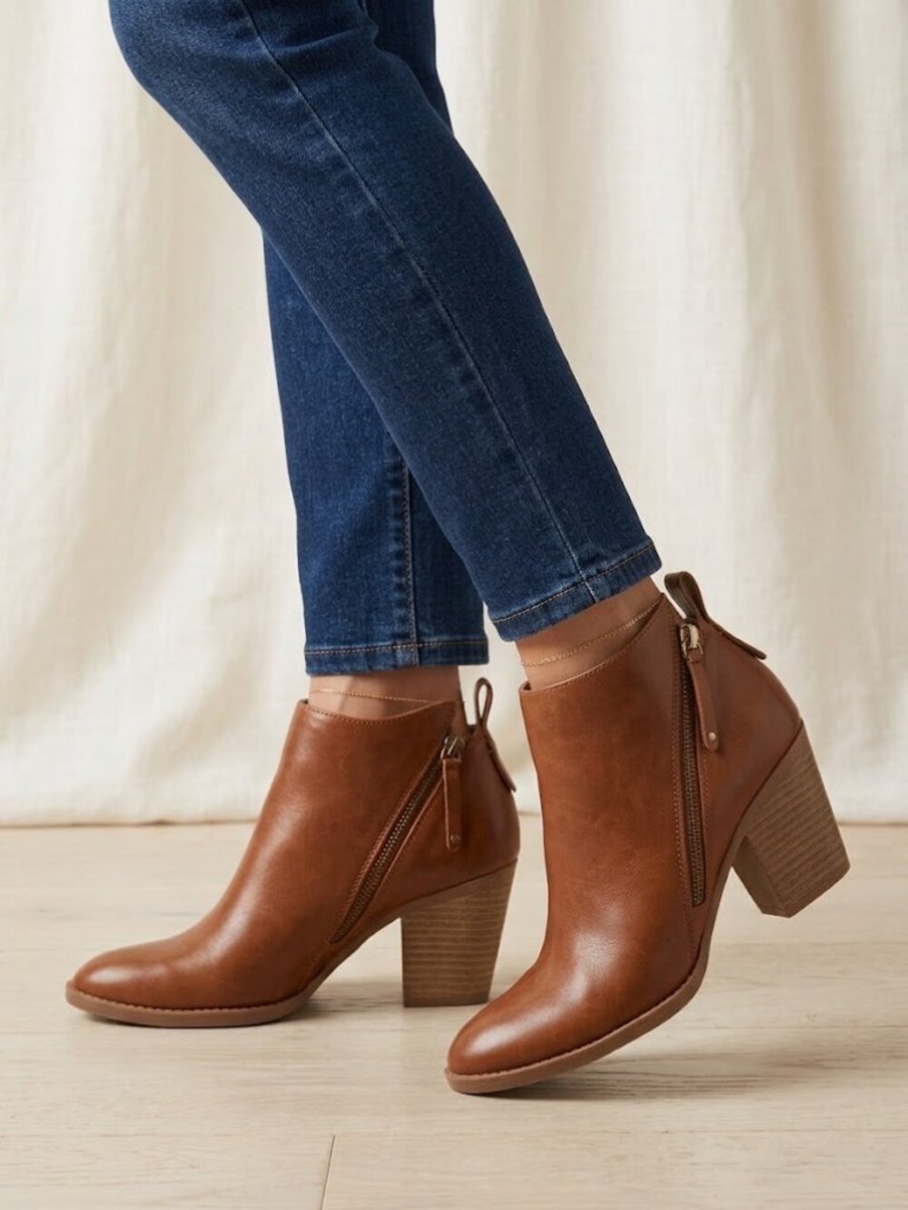 Dolce Vita Cognac Brown Side-Zip Stacked Heel Ankle Booties